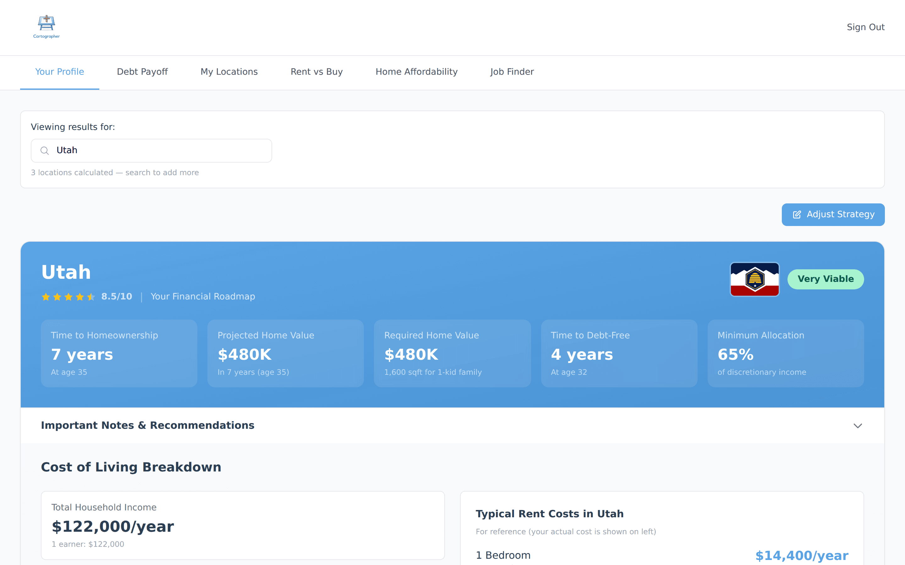 Cartographer dashboard showing financial roadmap for Utah